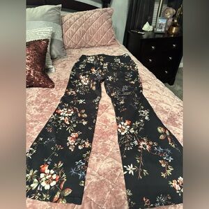 Anthropologie Black Floral Boot-Cut Pants